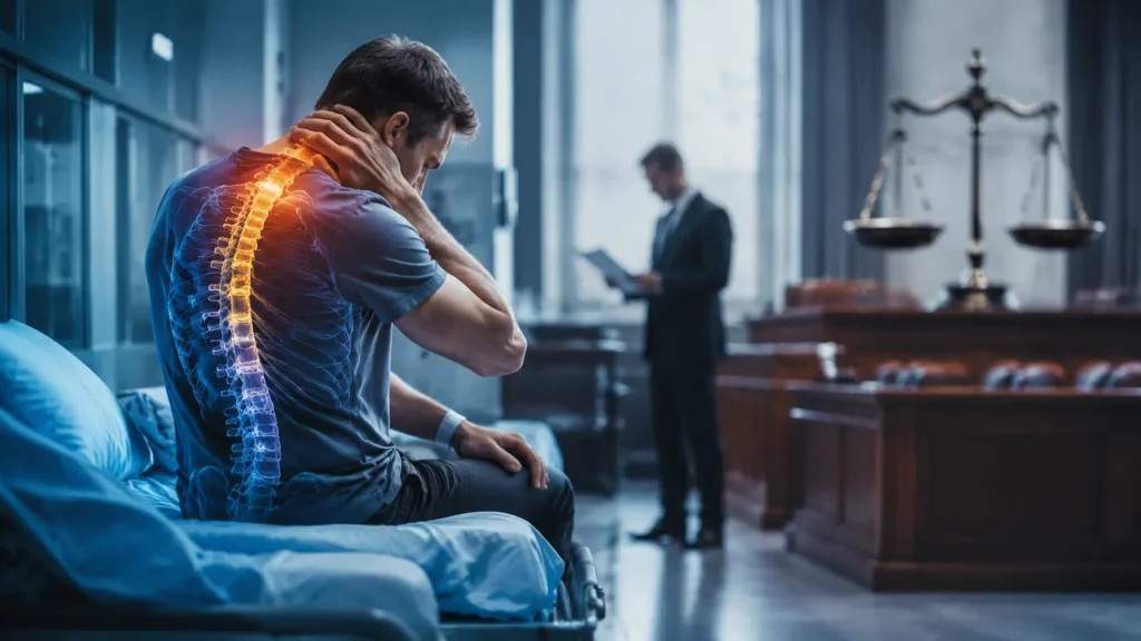 Man suffering from severe spinal pain with visible spine inflammation effect while sitting in hospital bed and lawyer standing in courtroom background representing a personal injury legal claim case