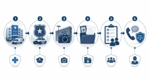 Step by step visual guide showing the recommended actions after an injury caused by inadequate property security.