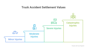 Infographic showing truck accident settlement values based on injury severity from minor to catastrophic injuries.