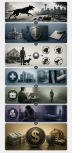Visual overview of Washington dog bite liability showing legal responsibility insurance claims and compensation process.