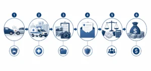 Timeline showing the typical process of a whiplash injury claim from car accident through settlement recovery.