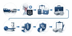 Visual guide explaining the factors that influence the value of a whiplash injury settlement after a car accident.