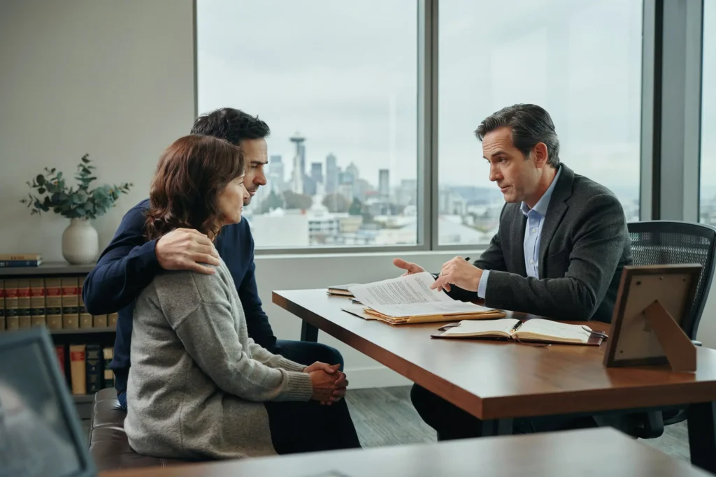 Wrongful death lawyer meeting with a grieving family to discuss a compensation claim and legal options.