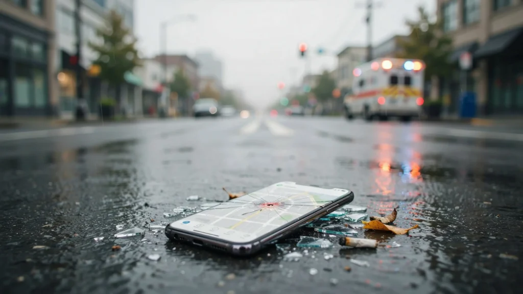 Shattered smartphone with a cracked map screen lying on a rainy street as an ambulance responds in the background.