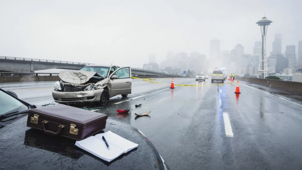 Wrecked sedan with crumpled hood sits on a rain soaked Seattle bridge as a personal injury lawyer's briefcase and notepad rest nearby.