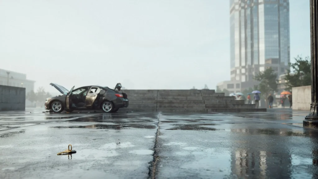 Abandoned car with open doors after a crash near a rainy city plaza, with a lost car key lying on the wet pavement.
