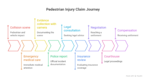 Timeline illustrating the pedestrian injury claim process from accident scene and medical care to settlement compensation.