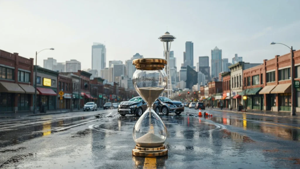 Hourglass with falling sand symbolizing the personal injury claim filing deadline, set against a Seattle car accident scene.