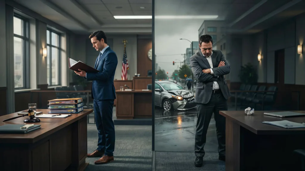Split scene showing a personal injury lawyer reviewing case files in a courtroom while an injured client stands worried near a wrecked car.