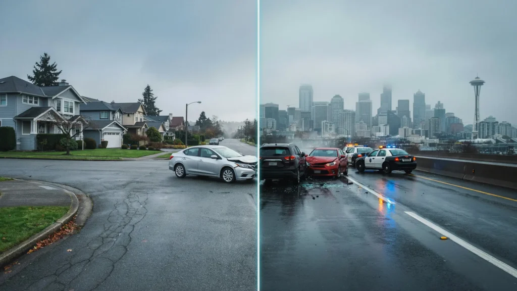 Split scene comparing a minor residential fender bender with a serious multi car collision on a Seattle city street.