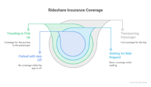 Diagram explaining rideshare insurance coverage for app off, waiting for a ride request, traveling to pickup, and transporting passengers.