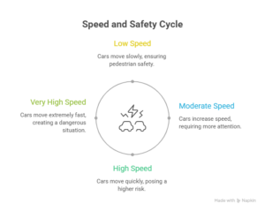 Illustration showing how vehicle speed affects pedestrian safety from low speed to very high speed collision risks.
