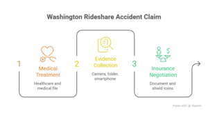 Washington rideshare accident claim process showing medical treatment, evidence collection, and insurance negotiation.